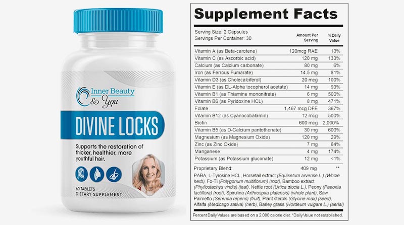 A photo of the ingredients label on a Divine Locks bottle.